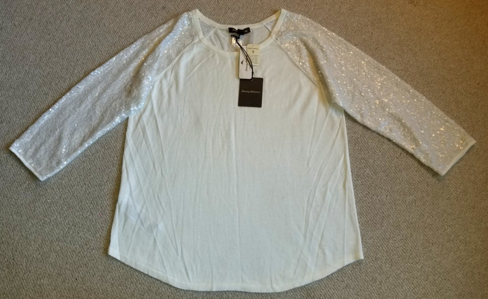 NWT Womens Sweater-TOMMY BAHAMA-ivory cotton 'Pickford sequin sleeve pullover'-L